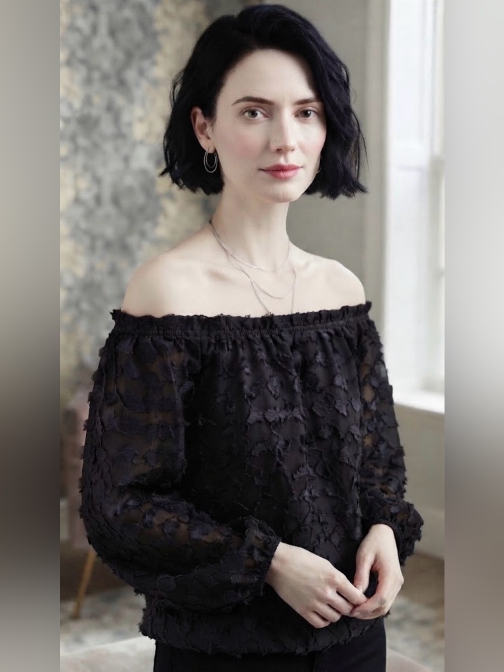 Ramy Brook Black Off-Shoulder Silk Blend Textured Floral Blouse Large